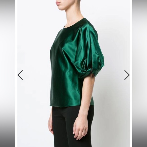 Rosetta Getty green stretch-satin blouse knotted puff sleeves size 4 MSRP $750 - Picture 4 of 12